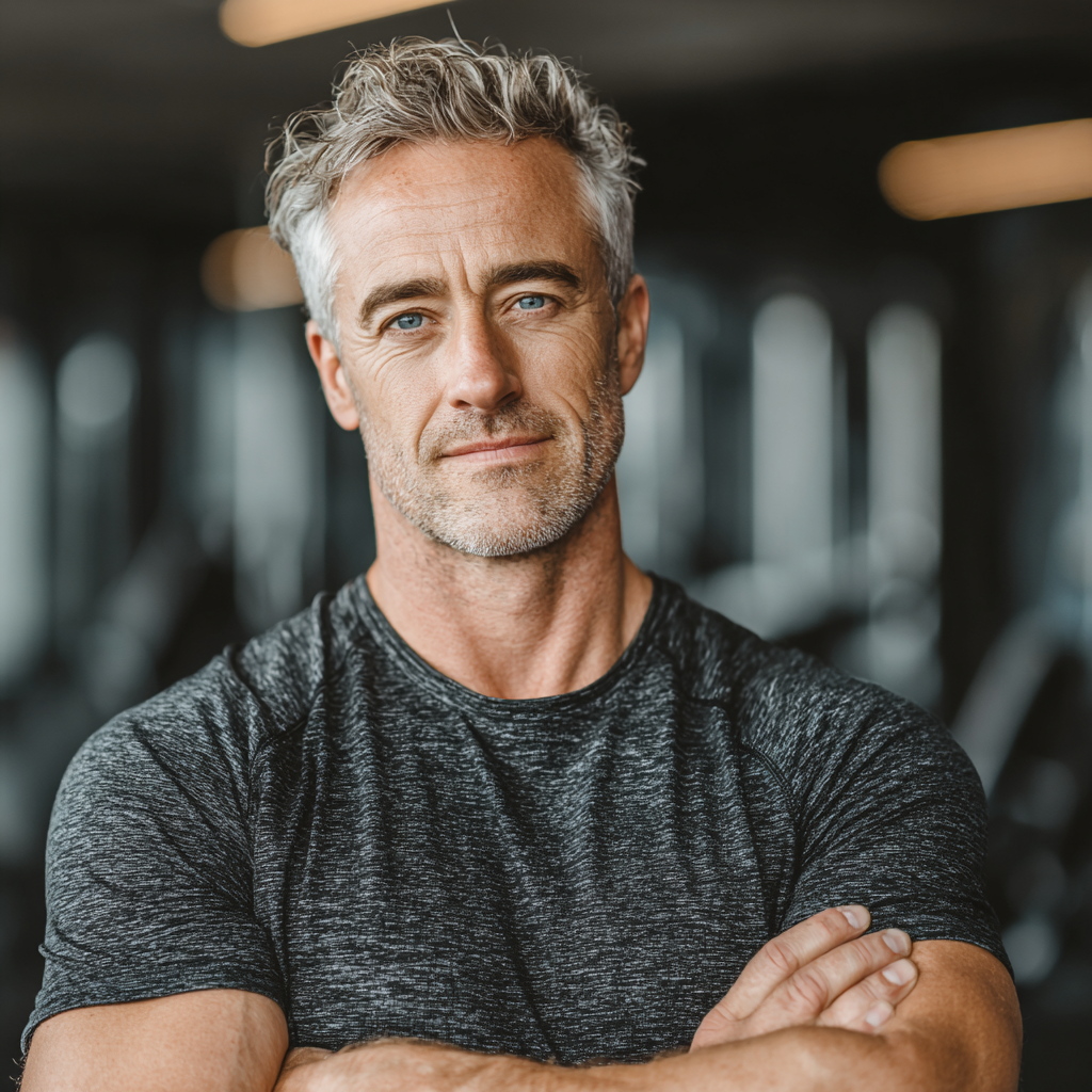 Confident middle-aged man in his late 40s with silver hair wearing workout clothes, standing with arms crossed and smiling in a modern gym environment