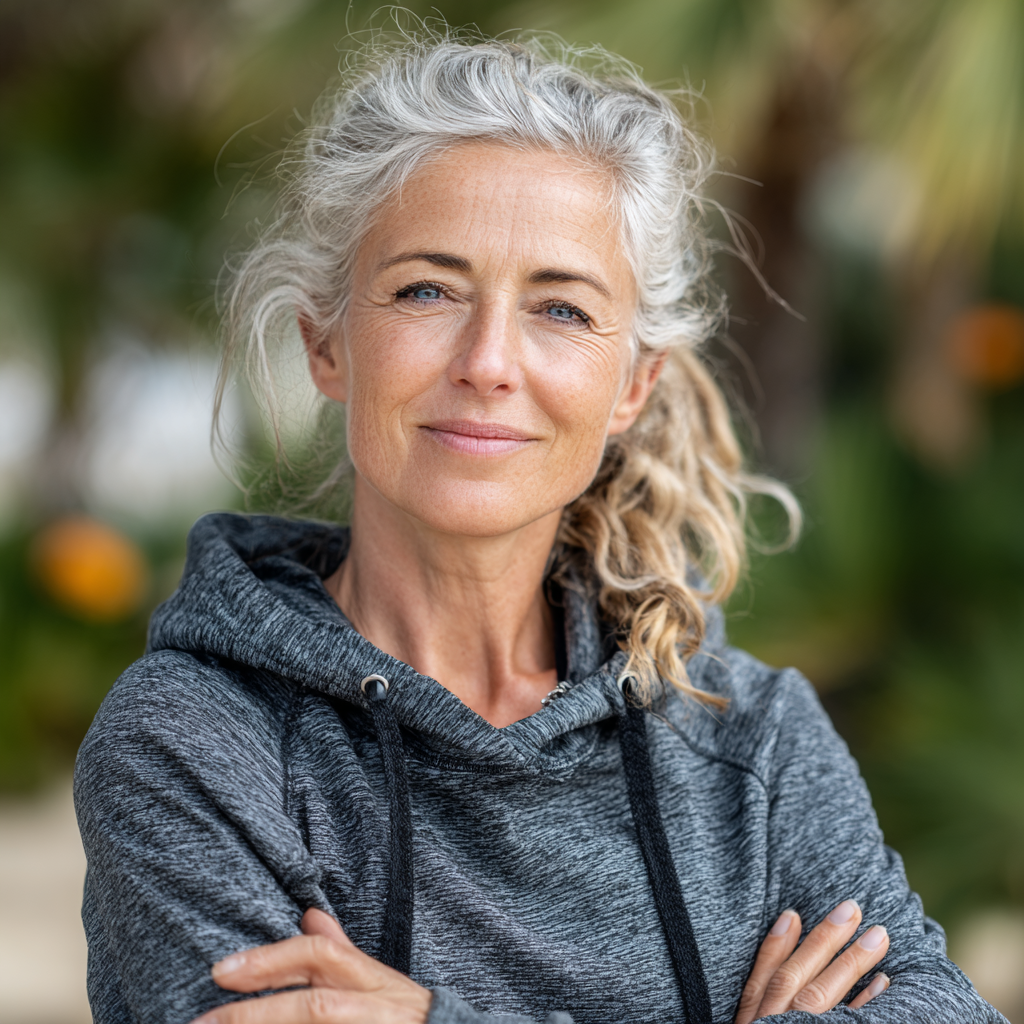 Mature woman in her 50s with gray hair wearing athletic clothing, smiling confidently after completing an outdoor workout session in a park setting